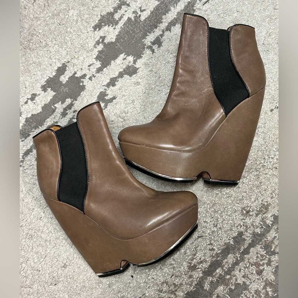 L.A.M.B. Genuine Leather Taupe Platform Wedge Bootie